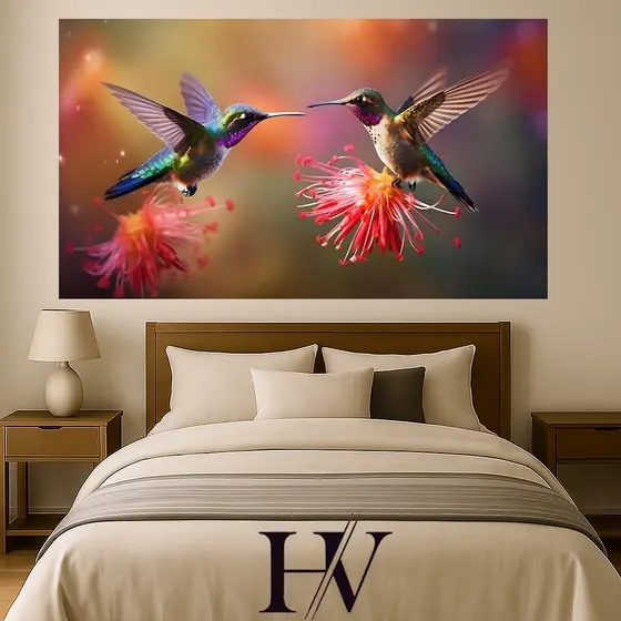 Quadro Decorativo 1 Peça Horizontal Dança dos Beija-Flores Escolha O Tamanho Peça Em MDF