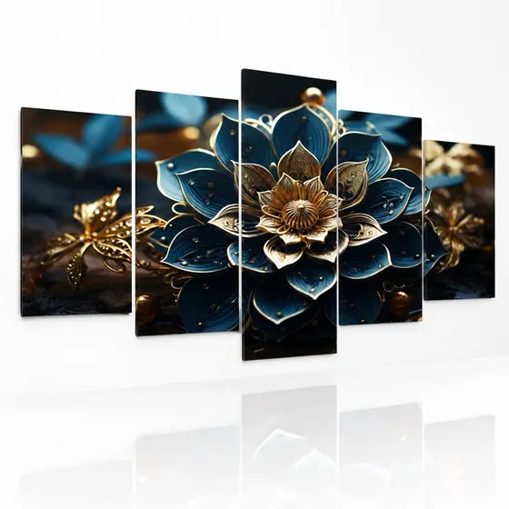 Quadro Decorativo Mosaico 5 Peças Mandala Azul Gold