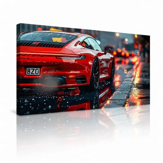 Quadro Decorativo 1 Peça Horizontal Porsche Vermelho Esportivo Na Rua Full Hd
