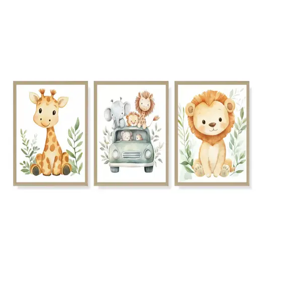 Quadros Decorativos Com 3 Peças Safari Animais 20x30cm Mosaico