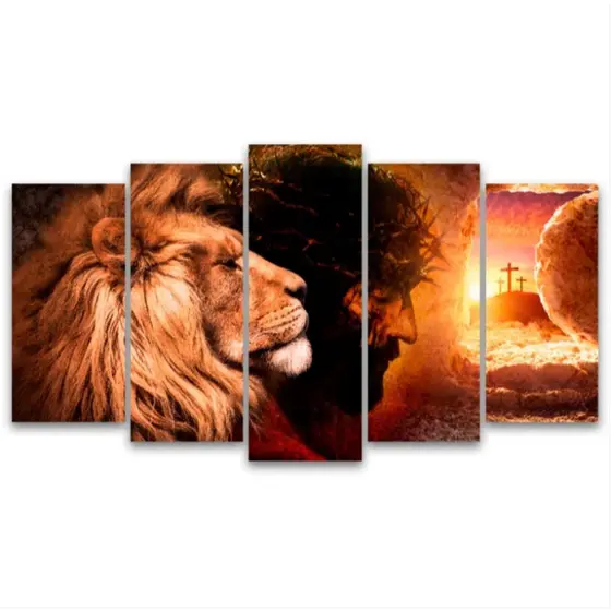 Quadros Decorativos Mosaico 5 Peças Leão de Judá 115x60