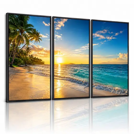 Kit 3 Quadros Decorativos Praia Tropical | Paisagem do Mar para Sala e Quarto