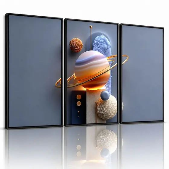 Kit 3 Quadros Decorativos Planeta Abstrato | Arte Moderna para Sala e Quarto