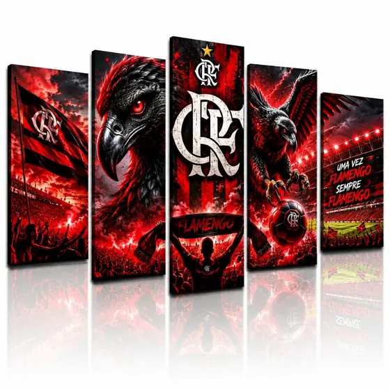 Quadro Decorativo Mosaico 5 Peças Flamengo HD Sem Moldura Borda Infinita Urubu