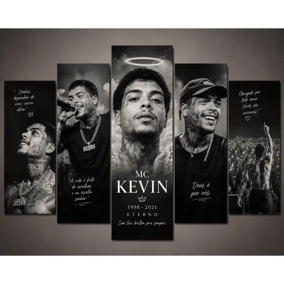 Quadro Decorativo Mosaico 5 Peças MC Kevin Homenagem Preto e Branco FULL HD mdf