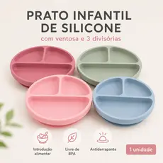 Prato Pratinho Infantil Silicone com Ventosa e Divisórias intodução alimentar Para Bebê Antiderrapantes