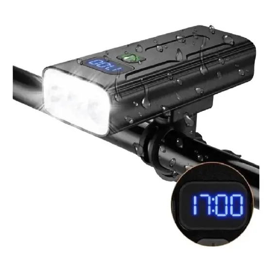 Farol de Bike 3 Leds Medidor de Bateria Digital Resistente a Chuva Recarregamento a Cabo Alumínio