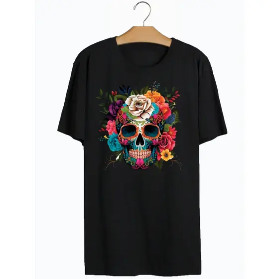 Camiseta Masculina Caveira Mexicana Algodão Estilosa