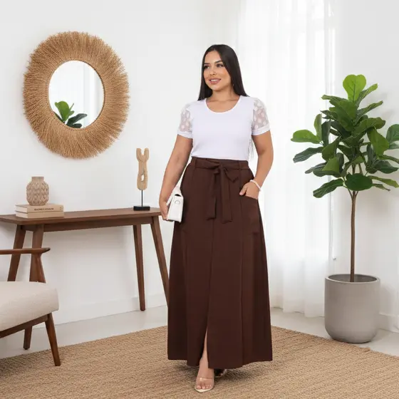 Saia Longa Feminina Em Linho Moda Evangélica Casual Básica Inverno Cintura Alta