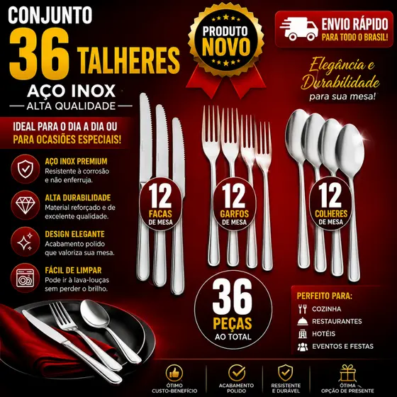 Conj 36 24 e12 Talheres Garfos e Facas de mesa  Aço Inox Alta Qualidade Para Cozinha Restaurantes
