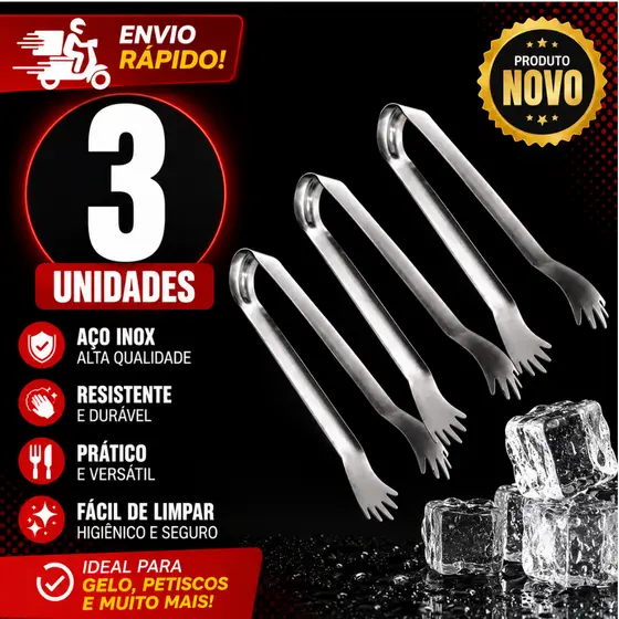 Conj 3 2 e 1 Pegador de Gelo Pinça Pegador de Frutas Saladas Frios Doces Pegador em Aço Inox