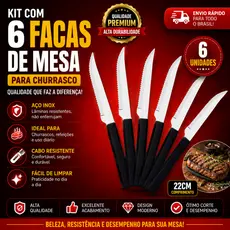 Kit com 6 Faca de Mesa, Churrasco Talher de Aço Inox 22cm com Cabo Colorido Preta.