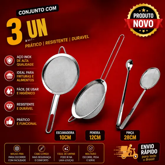 Conj 3 Pegador para Frituras Escumadeira Inox com Pinça Para Batata e Peneira 10cm 12cm Em Aço