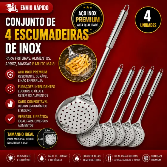 ConJj 4 e 2 Escumadeira De Inox Para Frituras Alimentos Arroz Massas Essencial na Cozinha