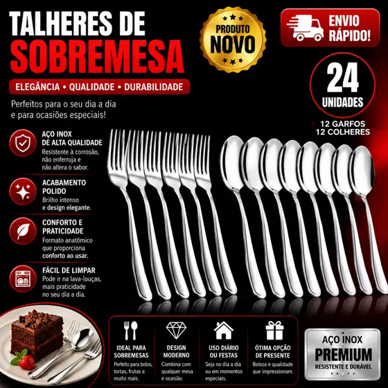 Conjunto 24 Colher e Garfo em Aço Inox de Sobremesa Conj 12 Colher e Garfo Bar Restaurante