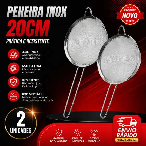 Conjunto 2 e 1 Peneira Coador Manual Em Aço Inox Para Cozinha 20 cm De Alta Qualidade em Aço Inox