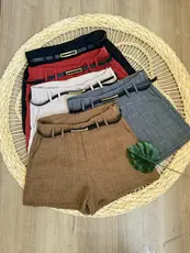 Kit 3 Short Alfaiataria Linho Verão Social Feminino Moda Luxo Tendencia Blogueira Com Cinto e Cintura Alta