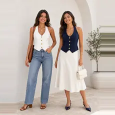 Colete Halter Feminino Sem Mangas V‑Neck Botões Dourados Modelador Cintura, Casaco Curto Versátil Para Dia a Dia e Festa