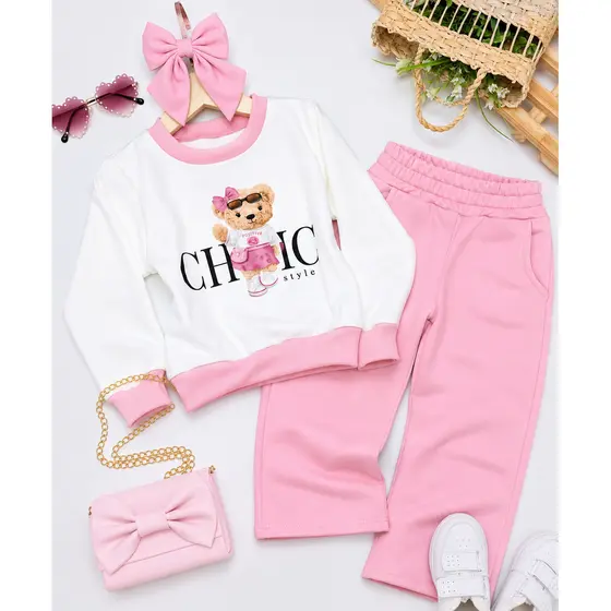 Moletom Infantil Ursinha Chic Style Flanelado Confortável para Inverno Blusa e Calça