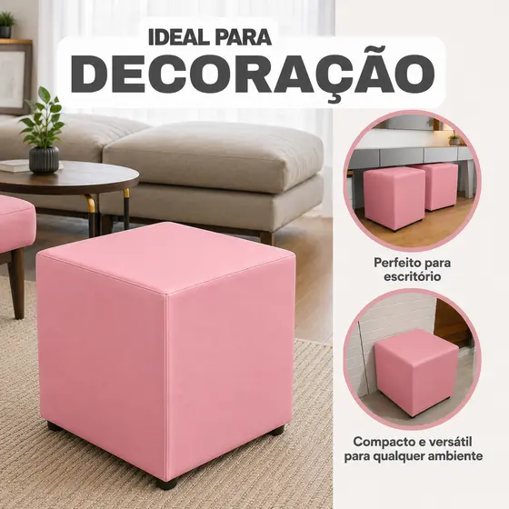 Puff fofo todo revestido multiuso rosa quadrado em corino
