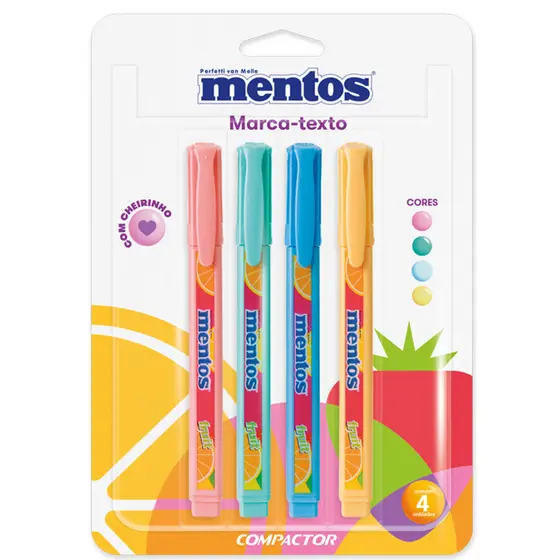 Kit 4 Canetas Marca Texto Compactor Mentos Ponta Chanfrada 1mm a 4mm -  com cheirinho