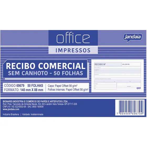 Recibo Comercial 140mmX88mm 1via Sem Canhoto 50 Folhas Office