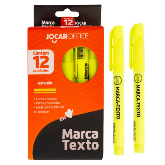Caixa Com 12 Canetas Marca Texto Amarelo Jocar Office Cor Intensa Ponta Chunfrada