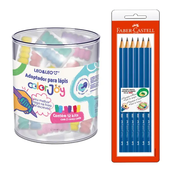 Kit Faber 6 Lápis Pretos + Pote 24 Adaptadores Eva Leo&Leo