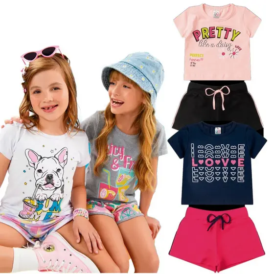 Kit de 2 ou 8 Peças Roupa Infantil Menina Conjunto Verão Criança Feminino Tamanho 1 ao 14