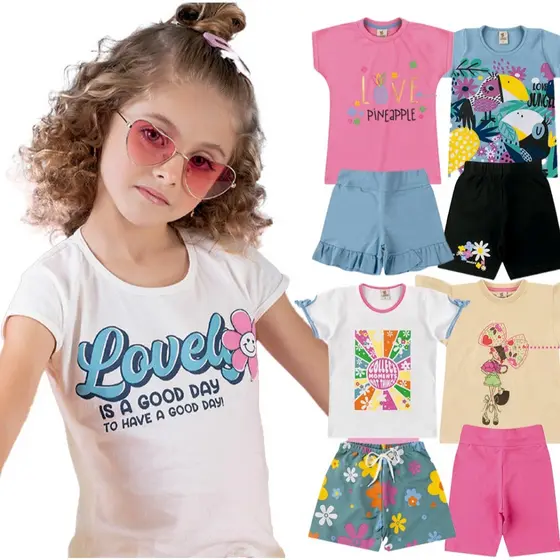 Kit 4 Peças conjuntos Infantil e Juvenil Verão Menina 1 ao 14