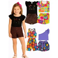Kit Verão Infantil Feminino 8 Peças 4 Conjuntos Blusa e Short Menina Tamanho 01 ao 14 Anos