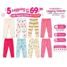 Kit 5 Calças Legging Infantil Menina Cotton Sortidas Tamanho 01 ao 16