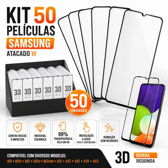 kit 50 Películas p sansung no atacado A02 A02S A03 A03S A03CORE A12 A22 A32 A33 A53 3d borda redonda