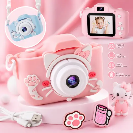Mini Câmera Infantil Mini Recarregável Com Capa Video Jogos Fotos