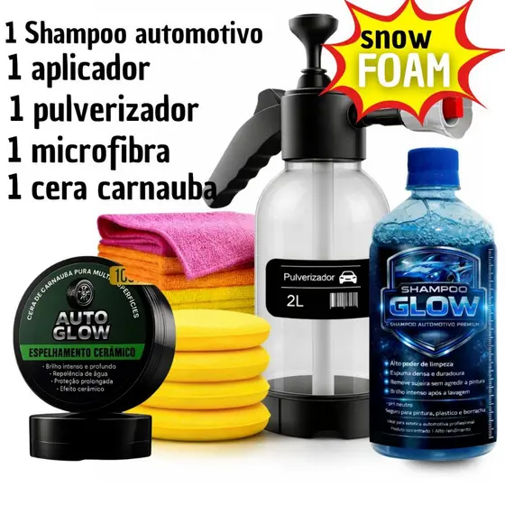 Kit pulverizador automotivo SnowFoam Lavagem completa com Shampoo Neutro opções com microfibra cera de carnauba
