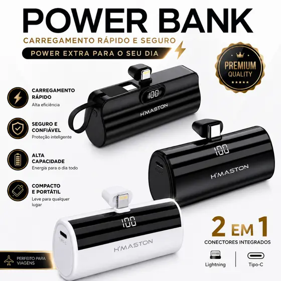 Carregador Portátil Power Bank premium para iphone e android 5000mAh Com 02 Saídas Tipo-C / Lightning com Visor LED