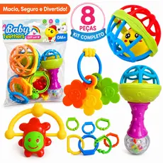 Kit Brinquedo Bebe Chocalho Mordedor Silicone Macio Bola Colorida 8 Peça Presente Para Menina e Menino Móbile para Berço