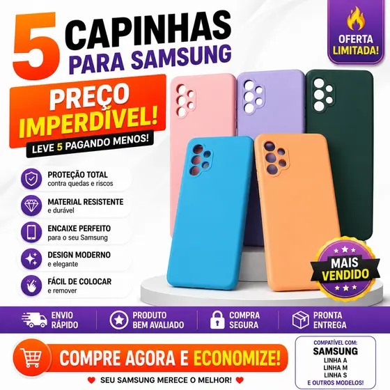 Kit 5 capinha para sansung A12 A32 4g A02 A72 A52 M12 FES21 FE A22 modelo cores variadas