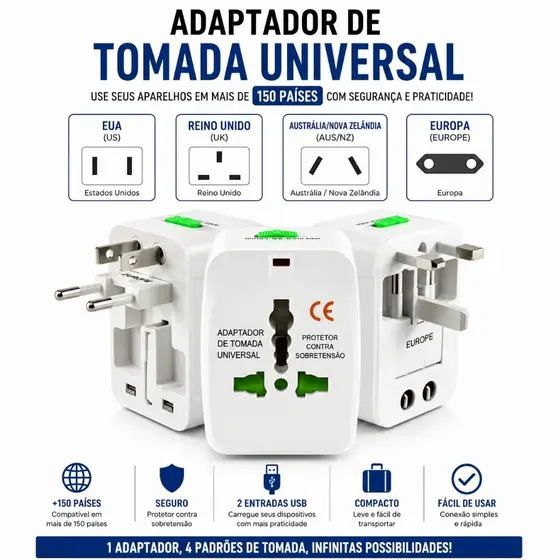 kit 2 Adaptador Tomada 1 a 4un Universal Padrão Internacional 150 Países Viagem Bivolt