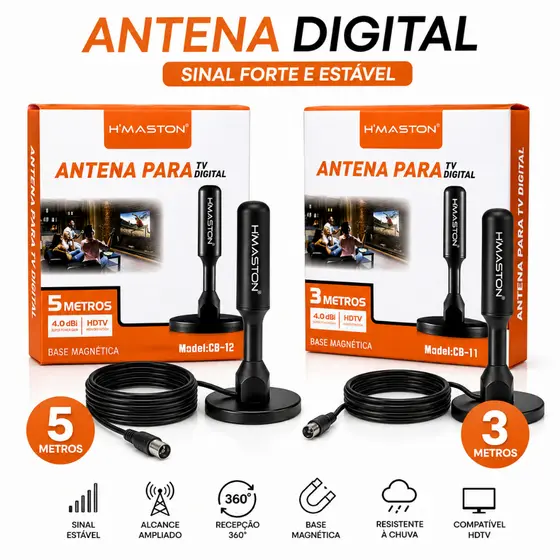 Antena Digital Amplificada Interna e Externa 5 Metros Base Imã Prova d'água 4DBI HDTV/UHF/VHF - hmaston Original