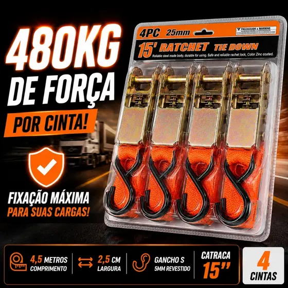 Kit 4 Cinta Amarrar Carga Com trava 4,5 metros Suporta 480kg