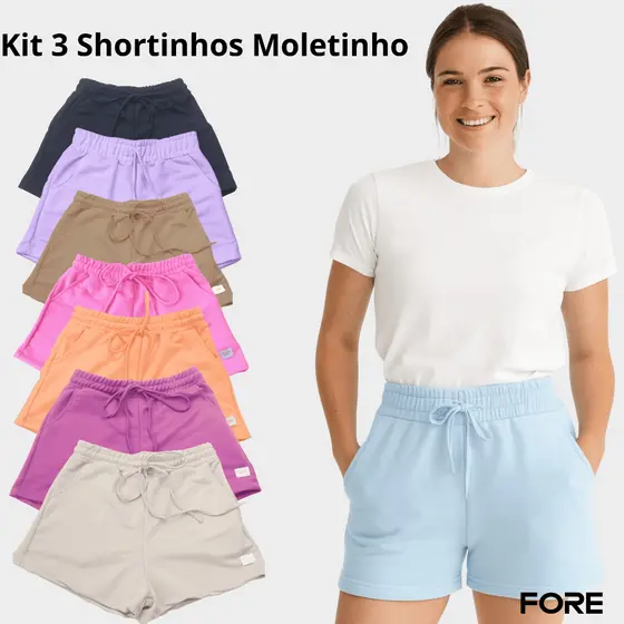 Kit 3 Shorts Feminino Básico Com Bolso Faca Moletinho Soltinho Blogueira 190036-K3