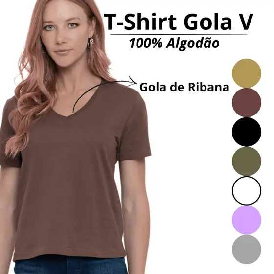Blusa T-Shirt Feminina Básica Decote V Algodão Moda 505261-A