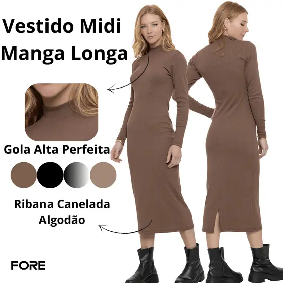 Vestido Midi Manga Longa Canelado 080398-A