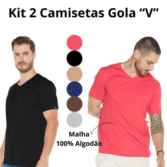 Kit 2 Camisetas Básicas Gola V Algodão Premium 505254-K2