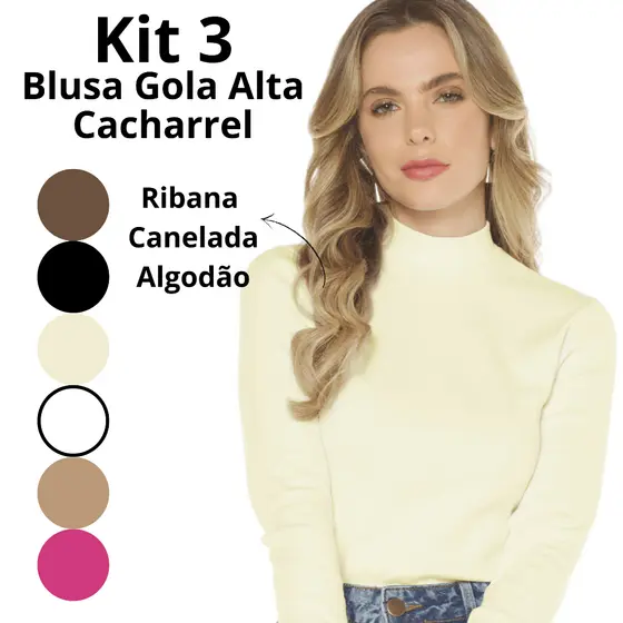 Kit 3 Blusas Femininas Cacharrel Manga Longa Gola Alta Canelada Feminina Básica 505245-K3