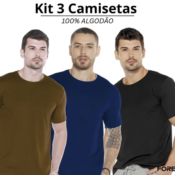 Camiseta Masculina Kit 3 Básicas Lisas Malha Algodão Egípcio Penteado 505253-K3-C2