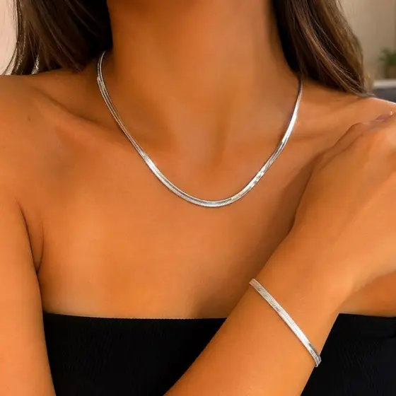 Colar Fita Laminado e Pulseira Kit Prata e dourado Aço inoxidável 316L Unissex  Aço Cirúrgico