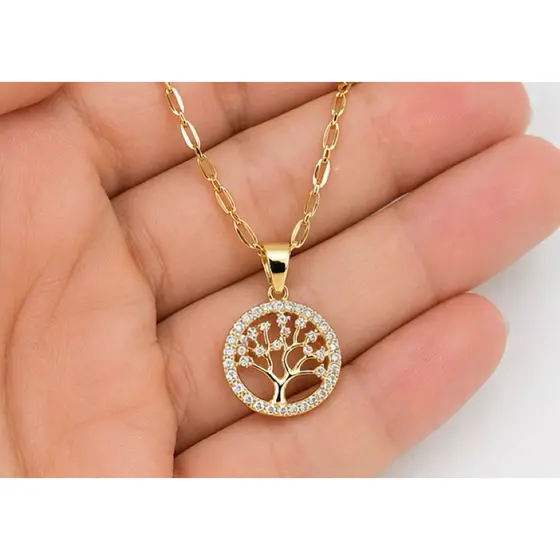 Colar Feminino Árvore da Vida Cravejado Zircônias Aço Inoxidável 316L 45cm Banhado Dourado