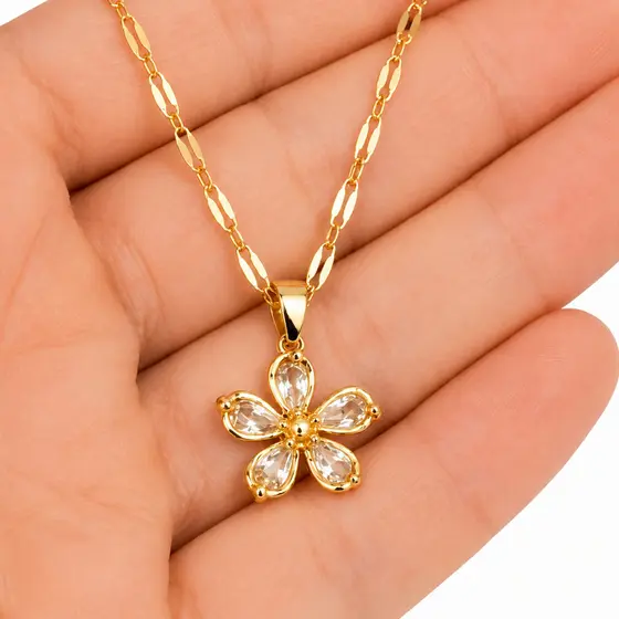 Corrente Feminina Flor Cravejada Zircônias Aço Inoxidável 316L 45cm Banhado Dourado